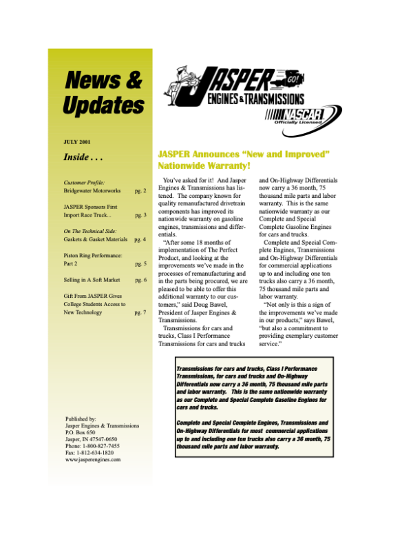 Jasper Engines and Transmissions Newsletter Archives