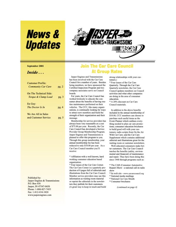 Jasper Engines and Transmissions Newsletter Archives